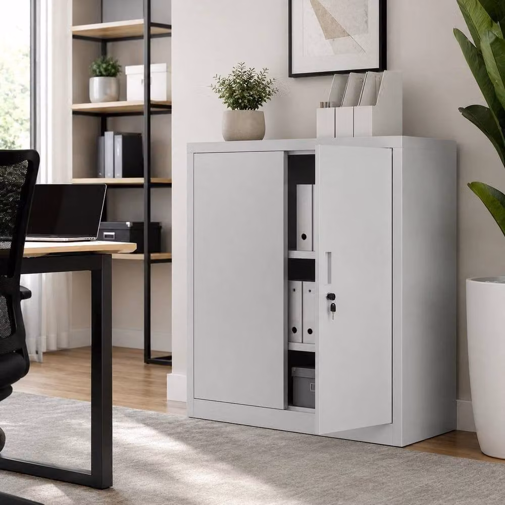 FORGEVIO Grey Metal Freestanding Storage Cabinet with Hinged Doors and Internal Shelves, W/D/H: 80 x 40 x 90 cm – 3
