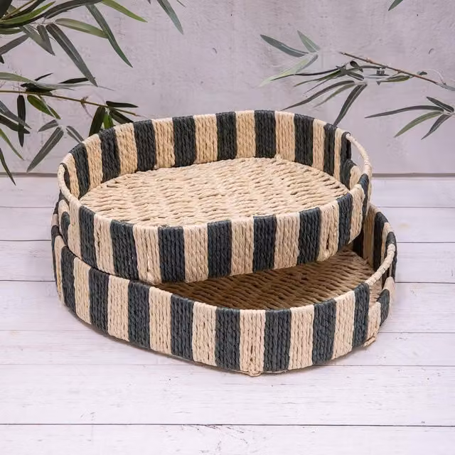 Annibells Round Striped Rattan Woven Serving Tray in Green, Diameter: 40 cm