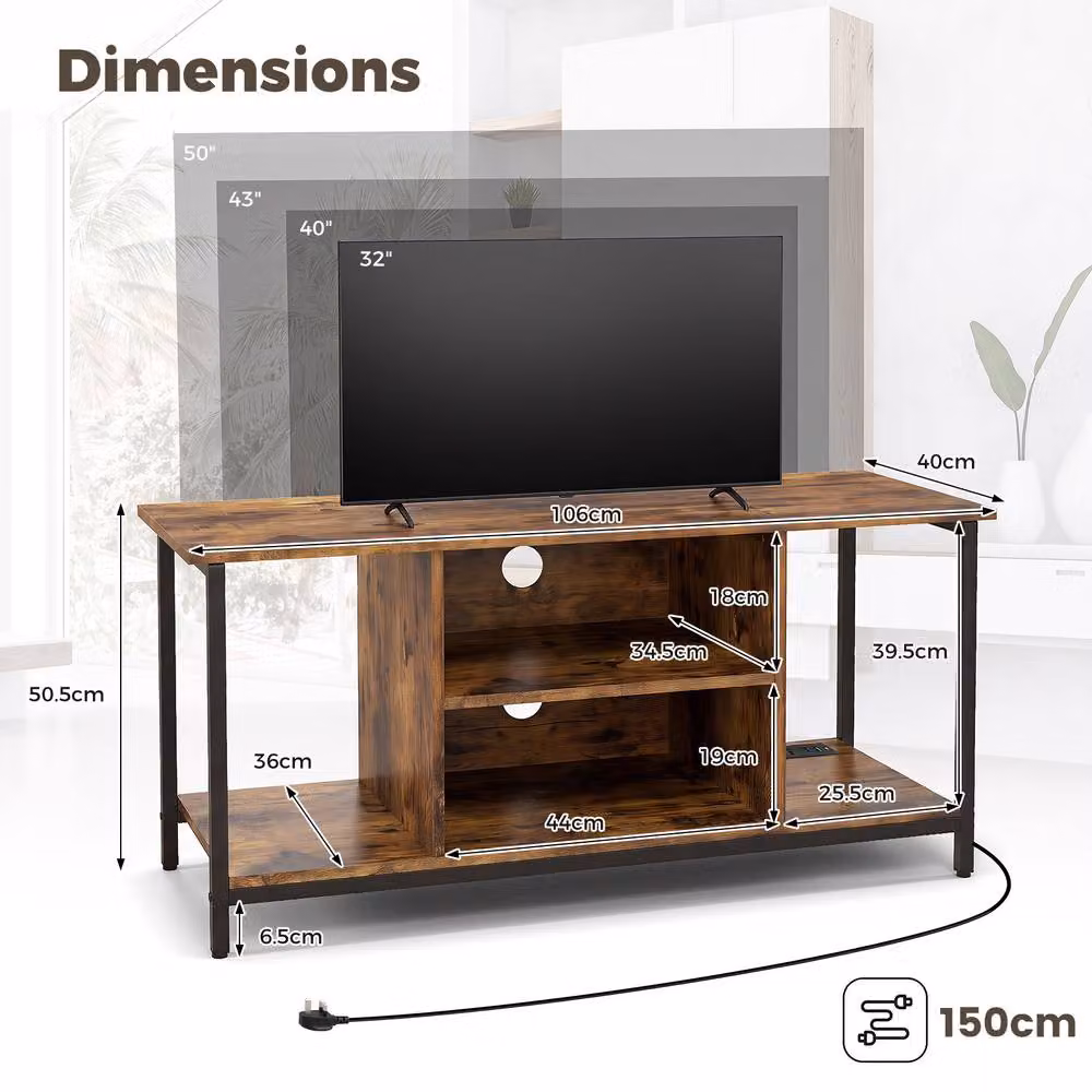 Gymax Brown 3-Tier Industrial Wood TV Stand with Power Outlet and Type-C Port – 2
