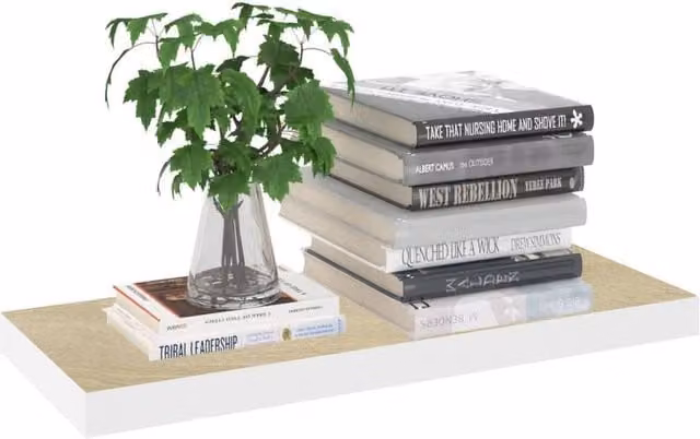 Berkfield Home Durable Floating Wall Shelves, 2 Piece Set in Oak and White MDF, W/D/H: 60 x 23.5 x 3.8 cm
