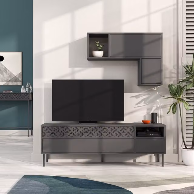 Decortie Modern TV Unit with Storage and Wall Shelf, Anthracite Grey