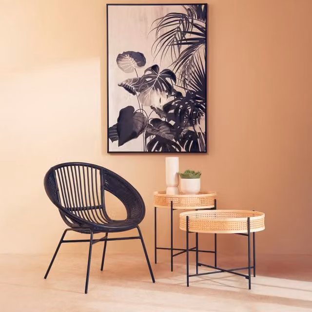 Orsina Natural Sleek Side Table with Rattan Top and Cross Legs, W/D/H: 50 x 55 x 50 cm