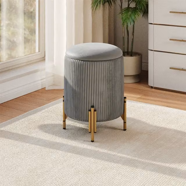 Livingandhome Modern Cylindrical Pleated Velvet Storage Ottoman with Metal Base in Grey and Gold