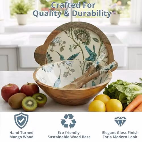 Hartsmede Mango Wood Salad Bowl with Lid and Spoons, Brown, Diameter: 30 cm – 4