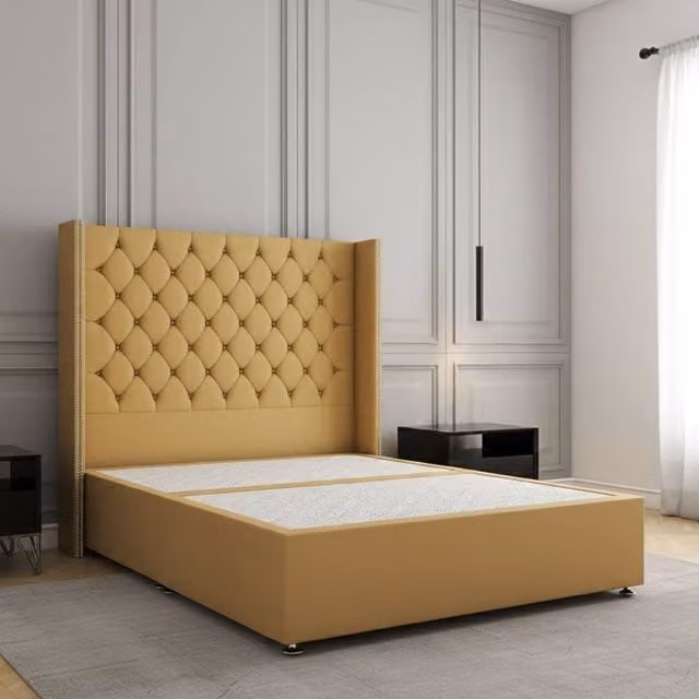 Regional Furnishings Luxury Single Divan Bed with 54 inch Plush Velvet Headboard in Yellow, W/D/H: 90 x 190 x 30.48 cm
