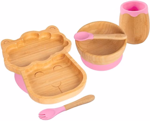 Tiny Dining 5pc Bamboo and Silicone Llama Baby Weaning Set in Pink
