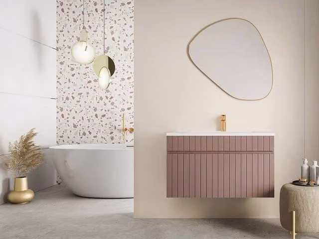 Vente-unique Wall-Mounted Ribbed Bathroom Unit with Inset Basin, Pink and White, Width: 80 cm
