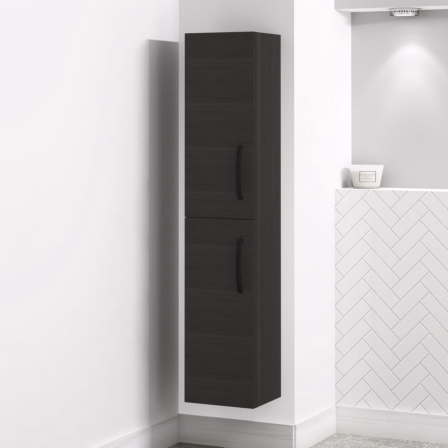 Royal Bathrooms Modern Turin Charcoal Oak 2-Door Wall Hung Tall Boy Bathroom Cabinet with Matt Black Handles, Height: 145 cm