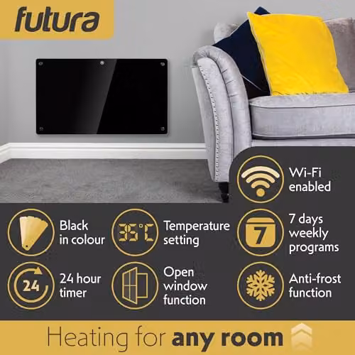 Futura 1500W WiFi Smart Glass Panel Convector Heater, Black, Wall Mounted or Freestanding – 3