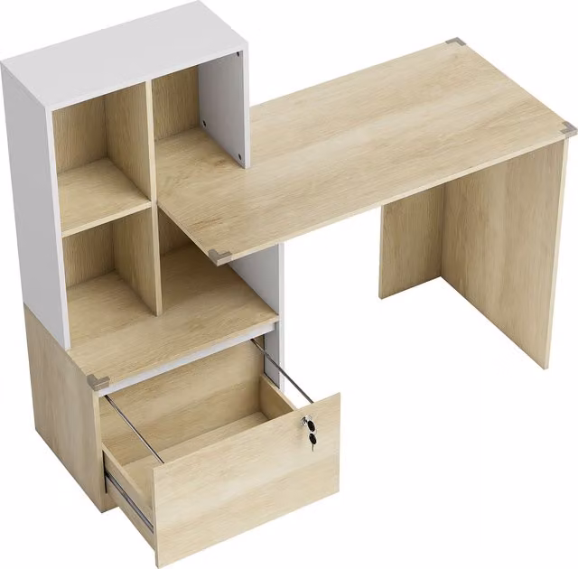HOMCOM Computer Desk with Bookshelf, File Drawer and Legal Hanging File Holders in Brown Oak Wood Effect