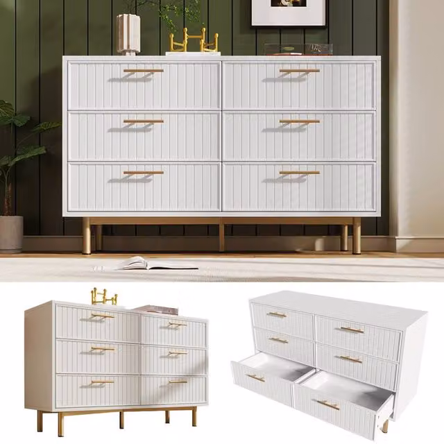 Fascinate White and Gold 6-Drawer Ribbed Modern Sideboard Cabinet