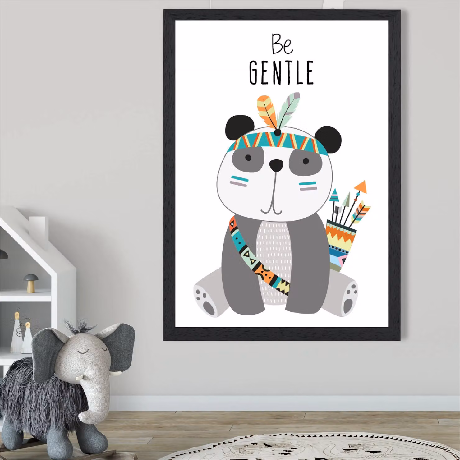 ARTZE Be Gentle Panda Tribal Animal Quote Framed Print, Grey and Black, A2 – 2
