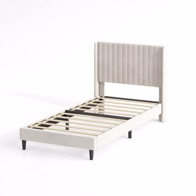 MCC Direct Charlie Velvet Upholstered Single Bed Frame with Channel Headboard in Beige, W/D/H: 90 x 190 cm – 1