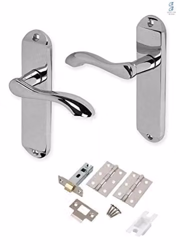 Golden Grace Long Backplate Latch Door Handle Set in Polished Chrome, W: 17.5 cm x H: 17.5 cm