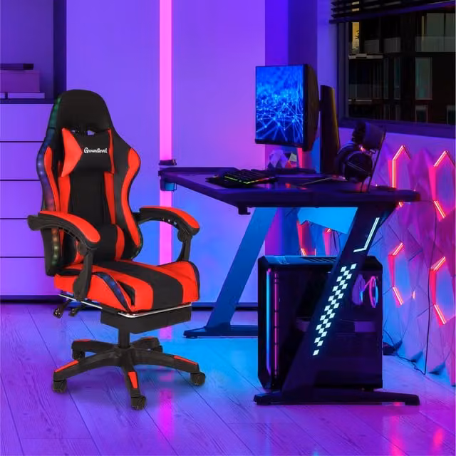 Groundlevel Red Sporty Gaming Chair with Synthetic Leather and Headrest