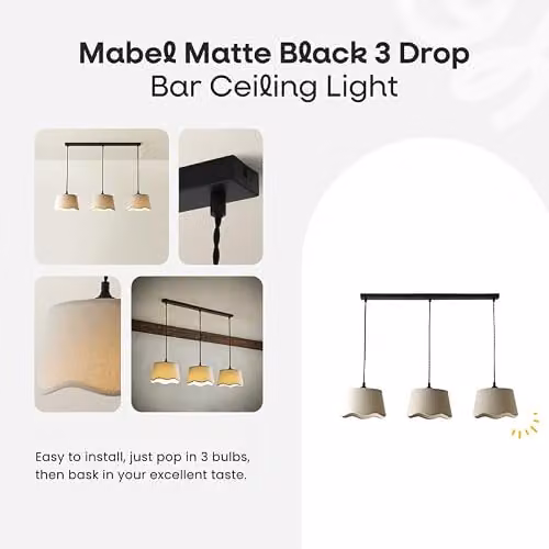 ValueLights Mabel Natural Linen Scallop Shade 3 Drop Bar Ceiling Light with Bulbs in Black and Beige – 2