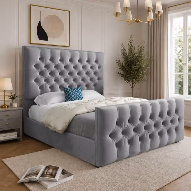 Casani Porthcawl Grey Velvet Upholstered Chesterfield Bed Frame W/D/H: 159 x 180 x 200 cm – 1