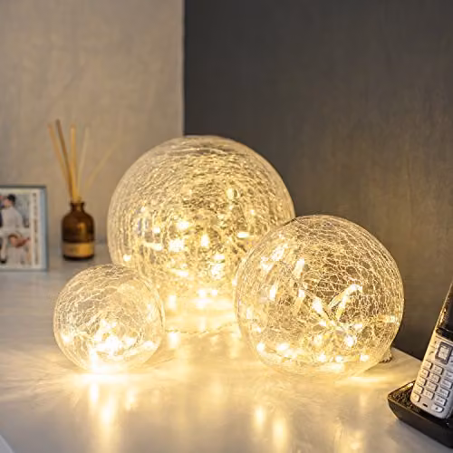 Lights4fun Set of 3 Crackled Glass Fairy Light Orbs, Transparent, W/D/H: 12 x 12 x 12 cm