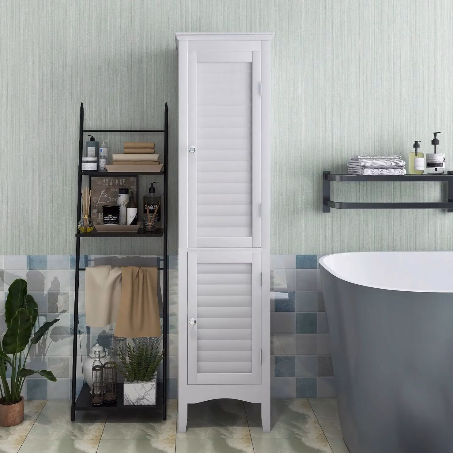 Costway 5-Tier Slim Freestanding Bathroom Storage Cabinet with 2 Hinged Doors in White – 3