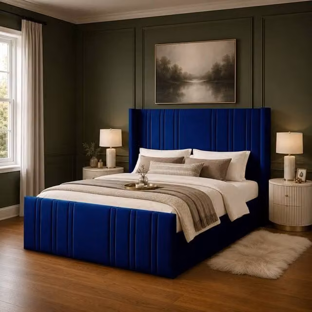 Desire Deco Gerald Blue Plush Velvet Wingback Ottoman Storage Bed Frame, Double (140 x 200 cm)