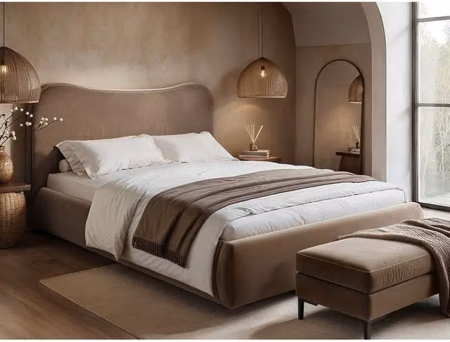 Solace+Co Ember Chocolate Velvet Curved Headboard Ottoman Bed, Brown, W: 180 cm, D: 200 cm
