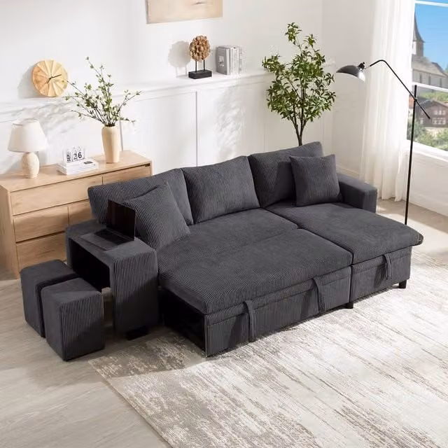 Matteo L-Shaped Reversible Convertible Sofa Bed with Storage and USB Charging in Grey Corduroy Fabric
