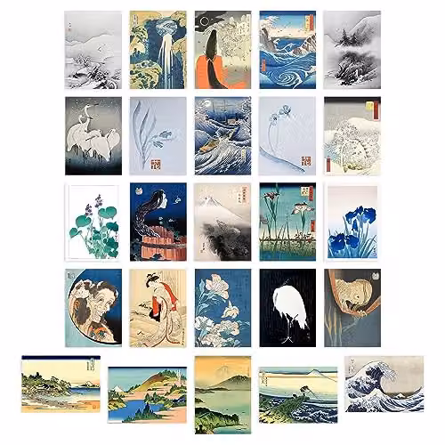 Artery8 50 Piece Japanese Aesthetic Ukiyo-e Woodblock Wall Art Collage Kit, Multicolour Paper Poster Collection, W: 14.8 cm, H: 10.5 cm