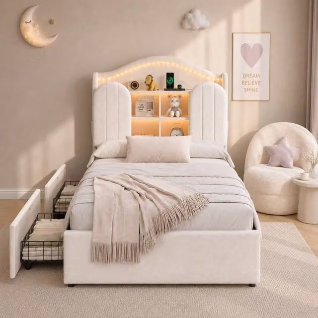 Merax Single Velvet Upholstered Bed with Storage Headboard, LED Lighting, USB Charging Port and Drawers in Beige, W/D/H: 90 x 190 x 93 cm – 1