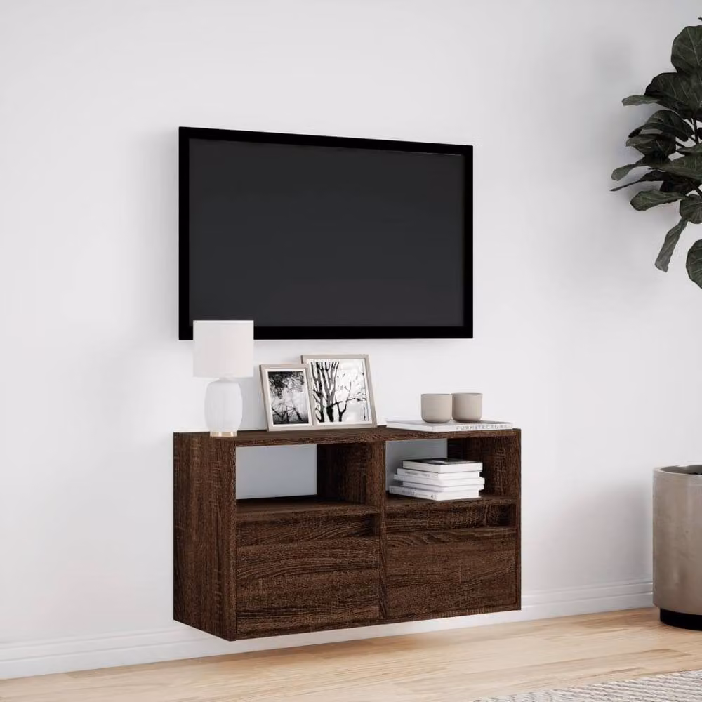 Berkfield Home Modern TV Wall Cabinet with LED Lights in Brown Oak, W/D/H: 80 x 31 x 45 cm – 4