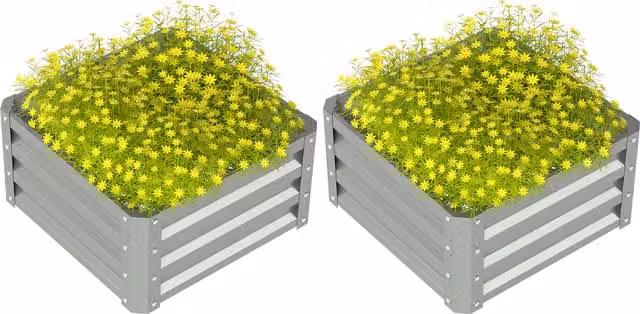 Outsunny Set of Two Grey Galvanised Steel Raised Planter Boxes, W/D/H: 60 x 60 x 30.5 cm