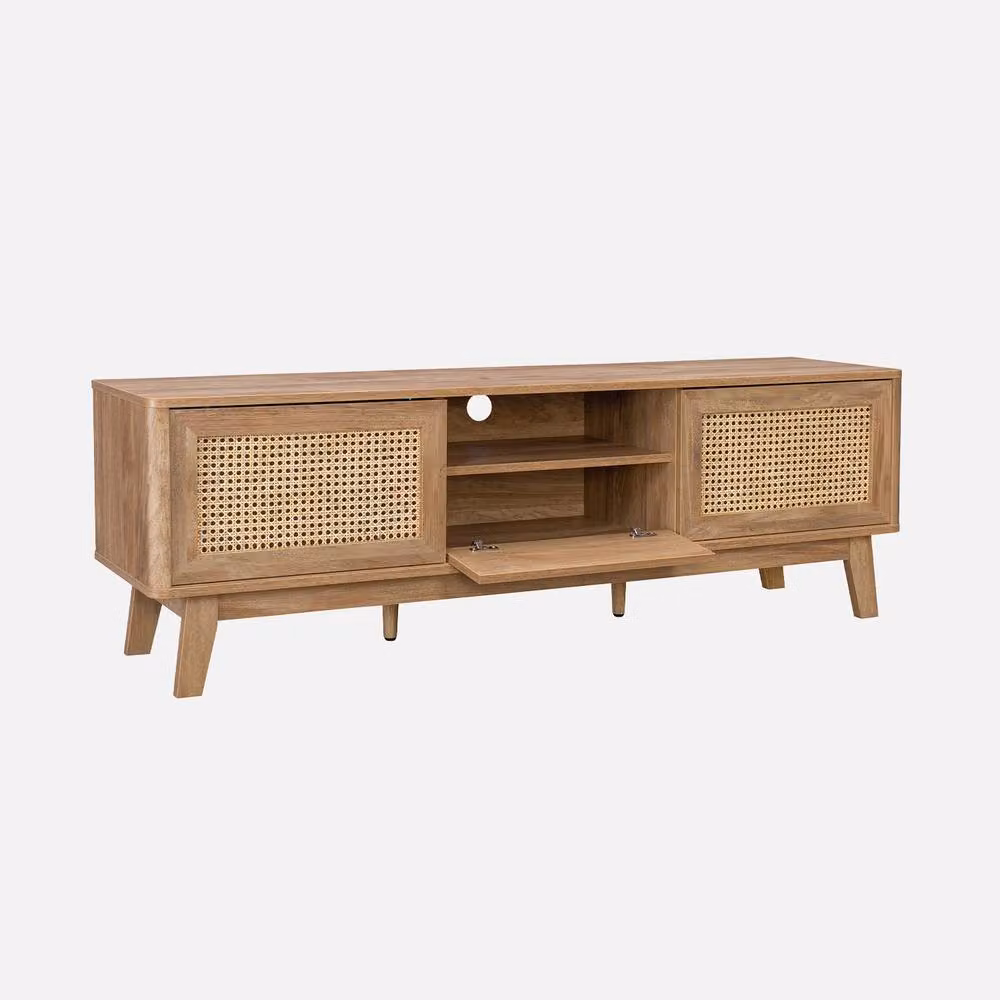 Sweek 150cm TV Unit in Light Brown with Wooden Effect and Cane Sliding Doors, W: 150 cm, H: 49 cm, D: 39 cm – 2