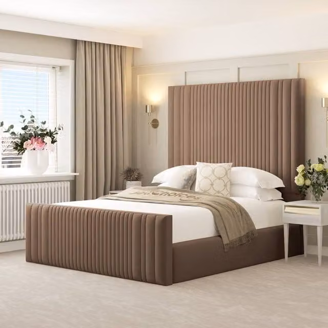 Bed Choices Aspire King Size Upholstered Ottoman Bed Frame with Gas Lift Storage and 70 inch Headboard in Taupe