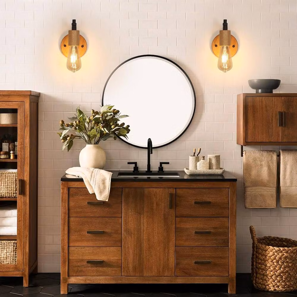 Goeco 2-Piece Vintage E27 Interior Wall Lamp in Black Wood and Metal – 4