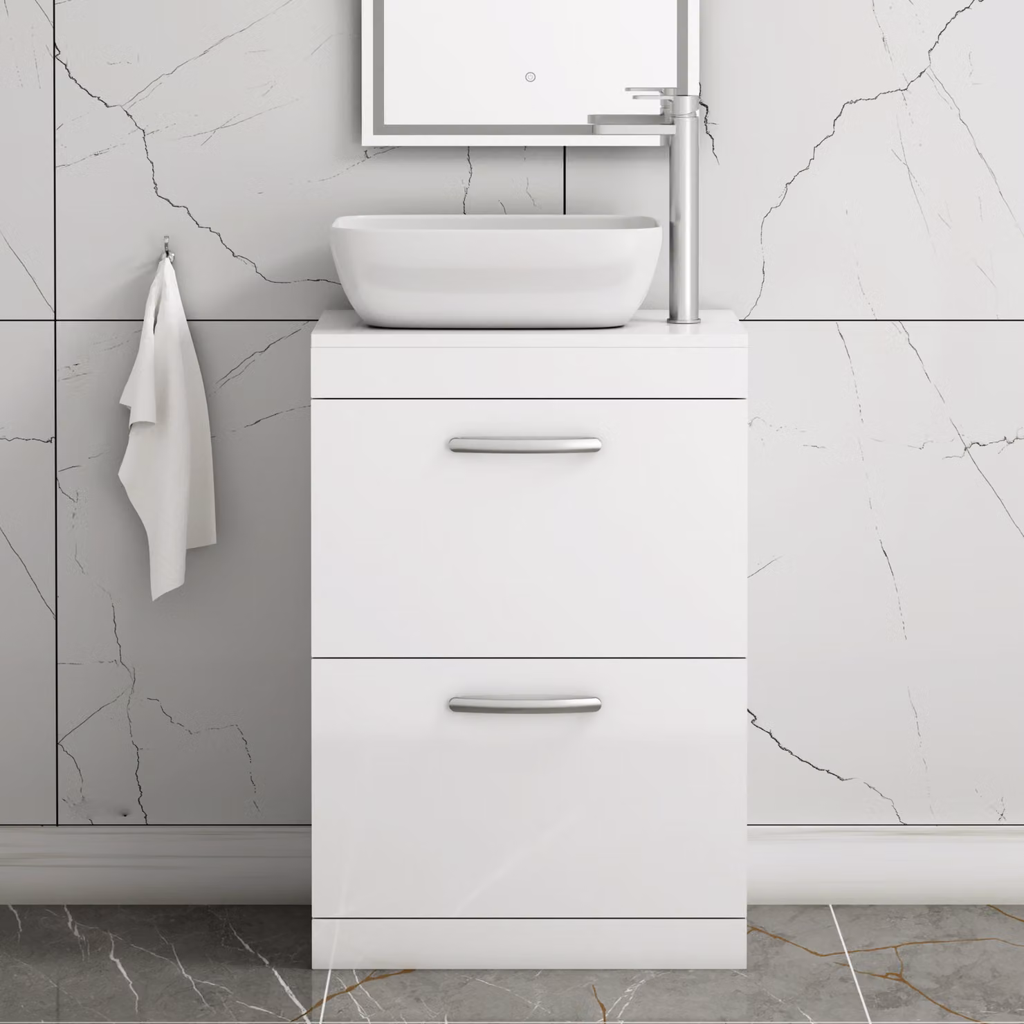 Royal Bathrooms Elva Gloss White Floor Standing 2 Drawer Vanity Unit with Countertop Basin