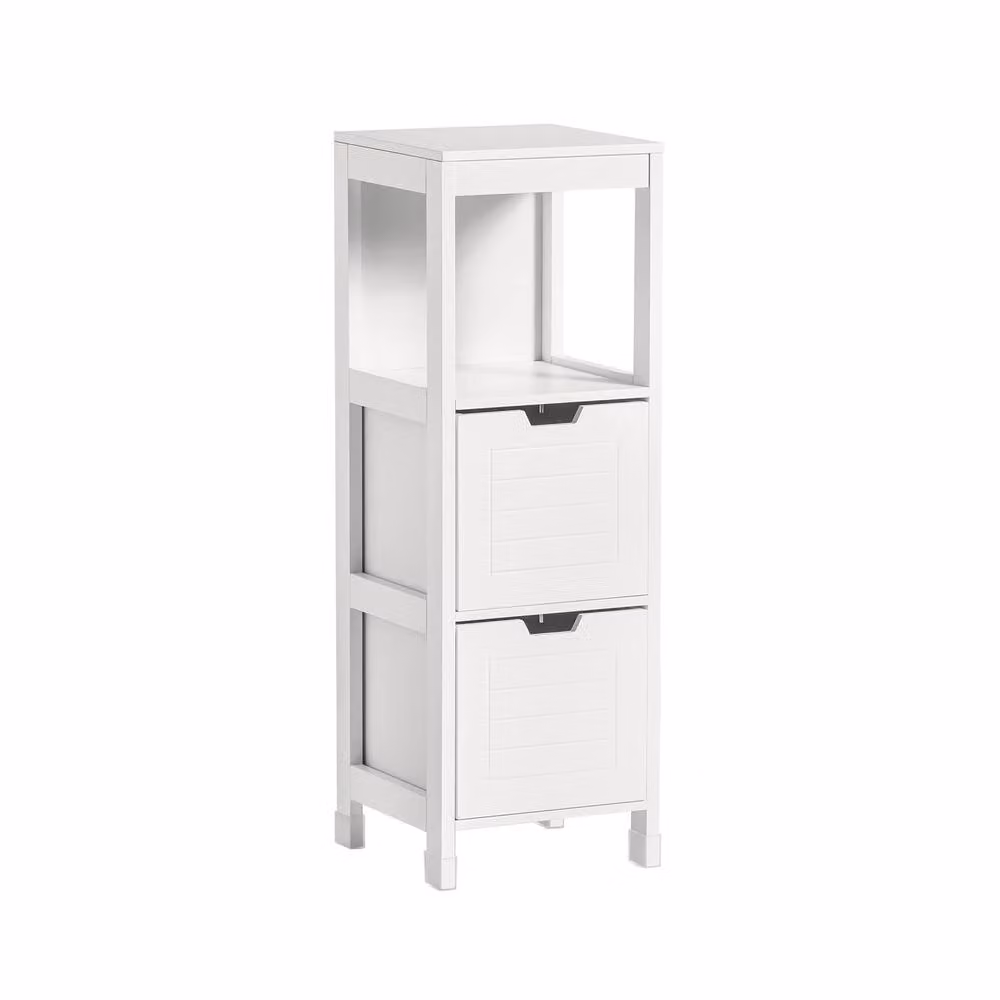 SoBuy Narrow White Bathroom Cabinet with 2 Drawers and Open Shelf, Height: 90 cm – 2