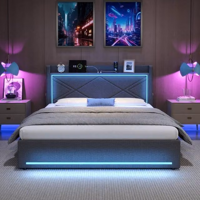 Merax Grey Fabric Upholstered Hydraulic Storage Bed with LED Lighting, USB Charging Port and Bedside Shelf, W/D/H: 180 x 200 cm – 1