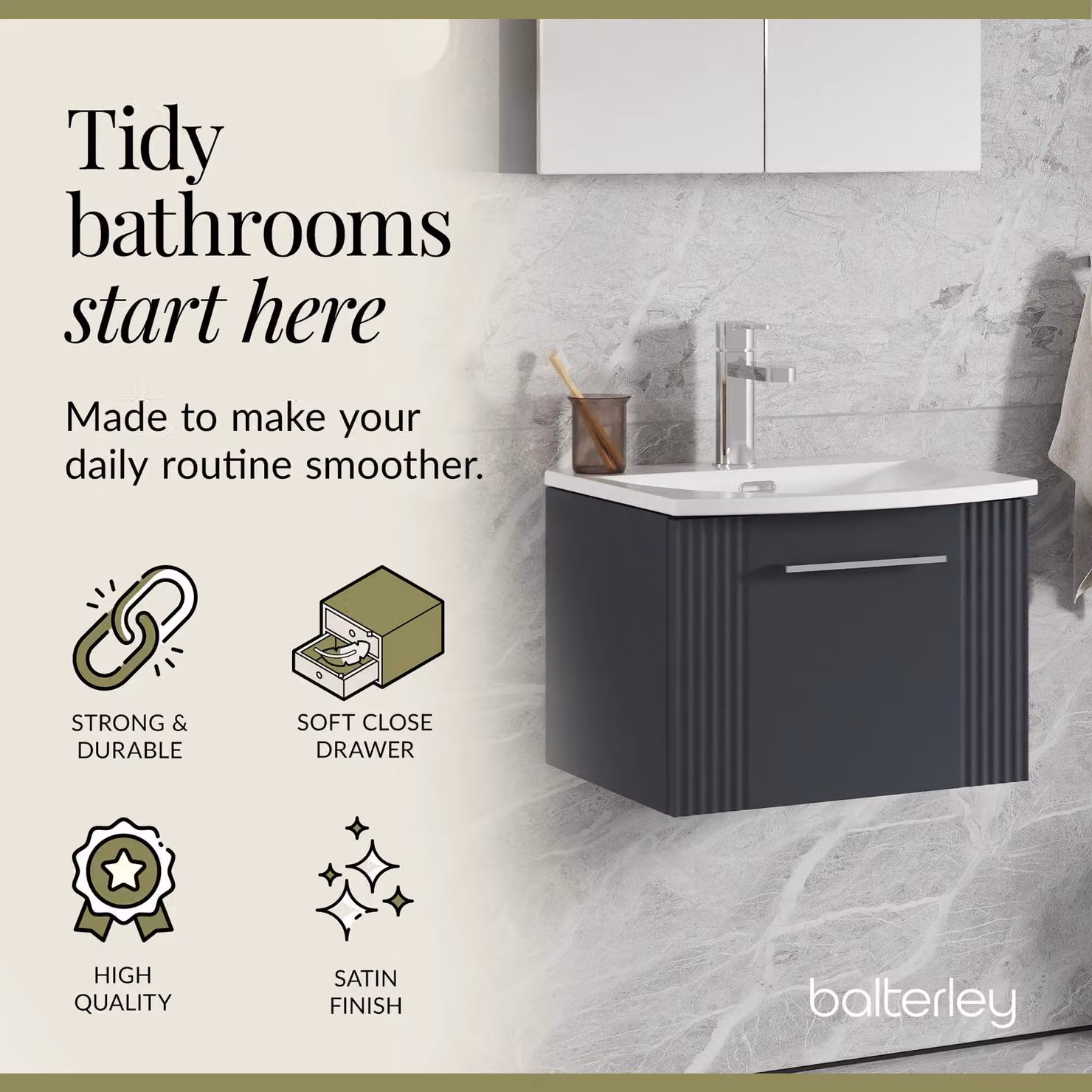 Balterley Wall Hung 1 Drawer Vanity Unit with Curved Basin, Satin Dark Grey, Width: 50 cm – 3