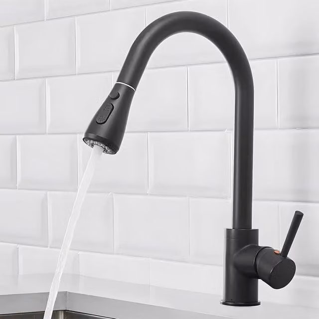 Heable Matte Black Single-Lever Pull-Down Kitchen Mixer Tap with Spray Function and Swivel Spout – 1
