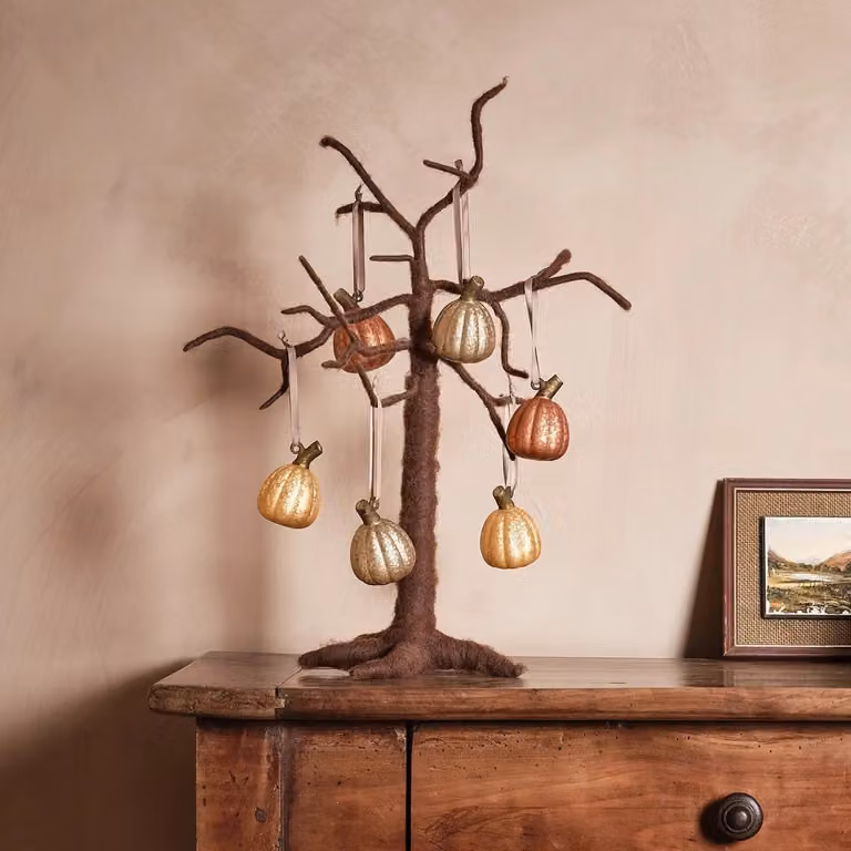 Lights4fun Autumn Halloween Felt Twig Tree and Mottled Mercury Glass Mini Pumpkin Hanging Decorations Bundle in Orange, Yellow and White