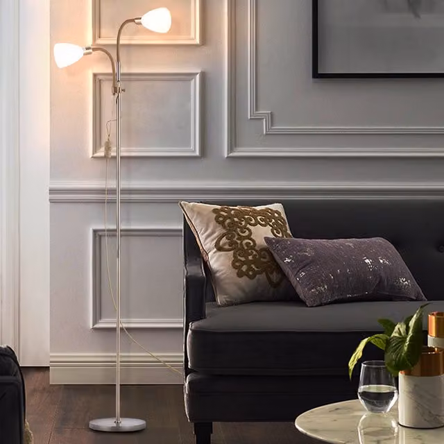 Livingandhome Double LED Torchiere Floor Lamp with Adjustable Reading Light in Gold/Brass