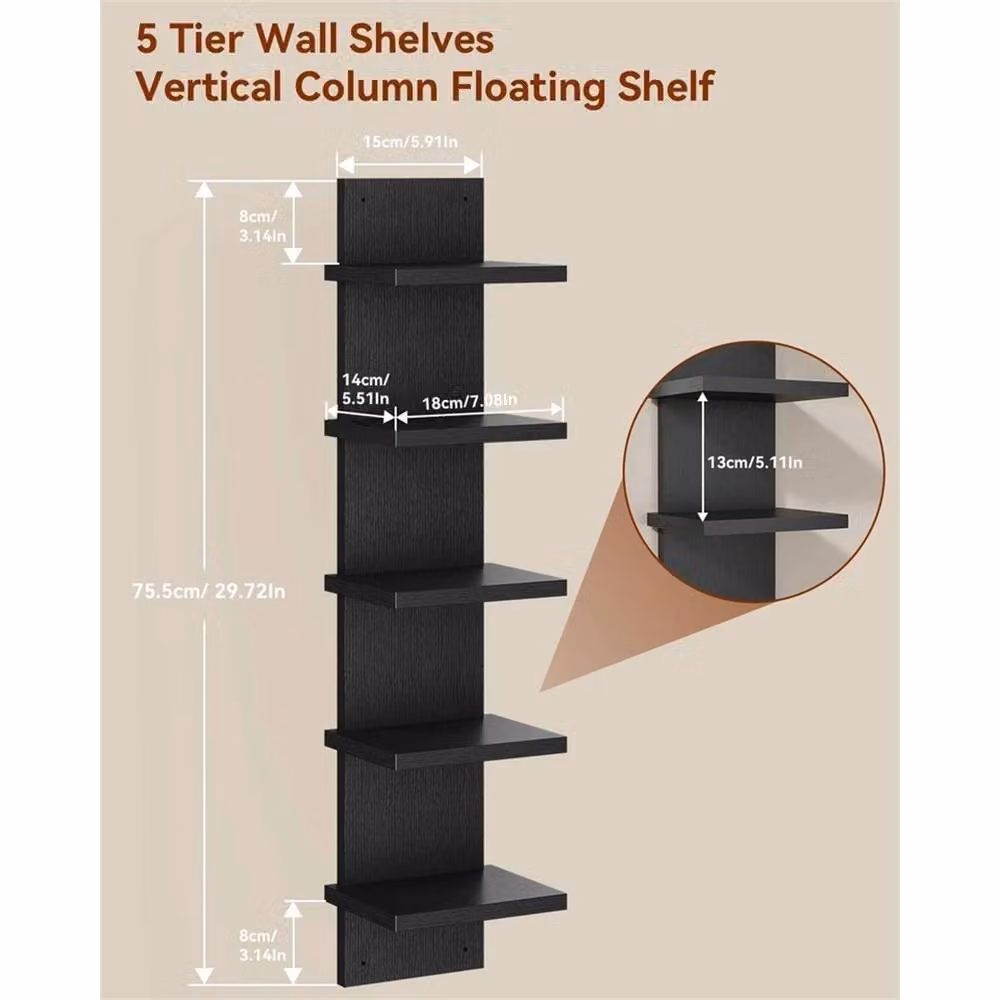 VOGREX 5-Tier Vertical Floating Wall Shelf Unit in Black Matt Finish – 2