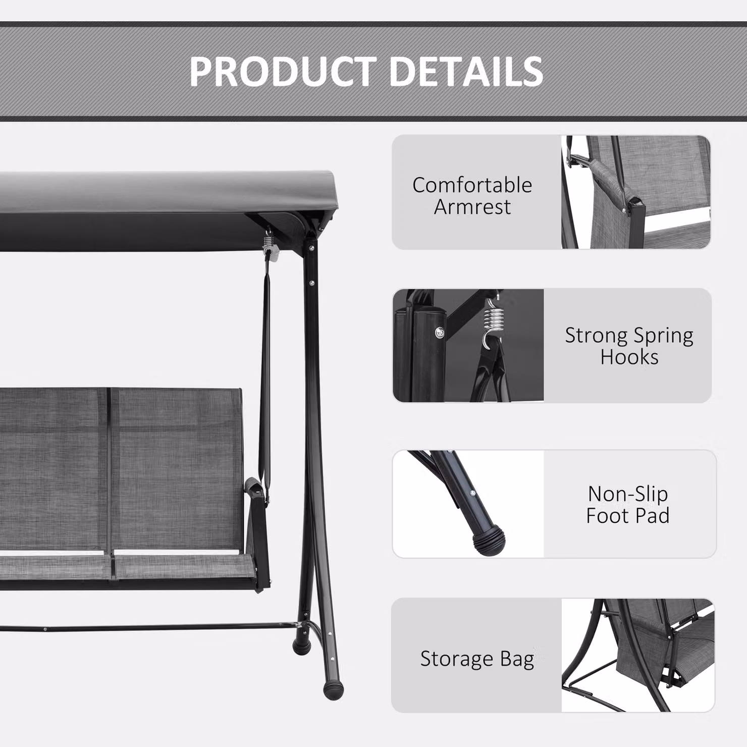 Outsunny 3 Person Outdoor Patio Porch Swing Chair with High Back Design, Side Pouches and Adjustable Canopy, Charcoal Grey – 5