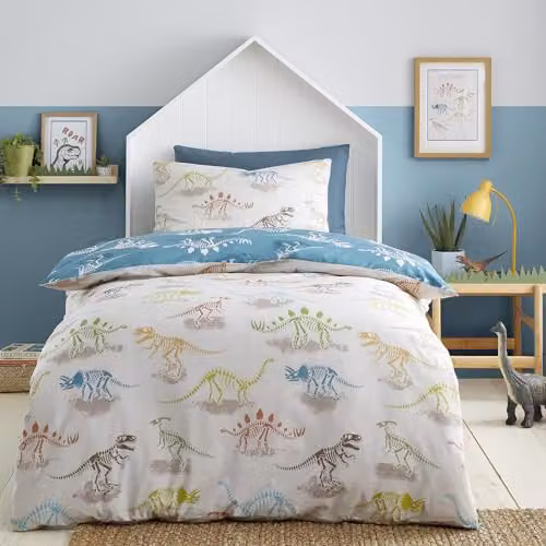 Bedlam Skeleton Dino Reversible Childrens Duvet Cover and Pillowcase Set, Natural, W/D/H: 135 x 200 cm