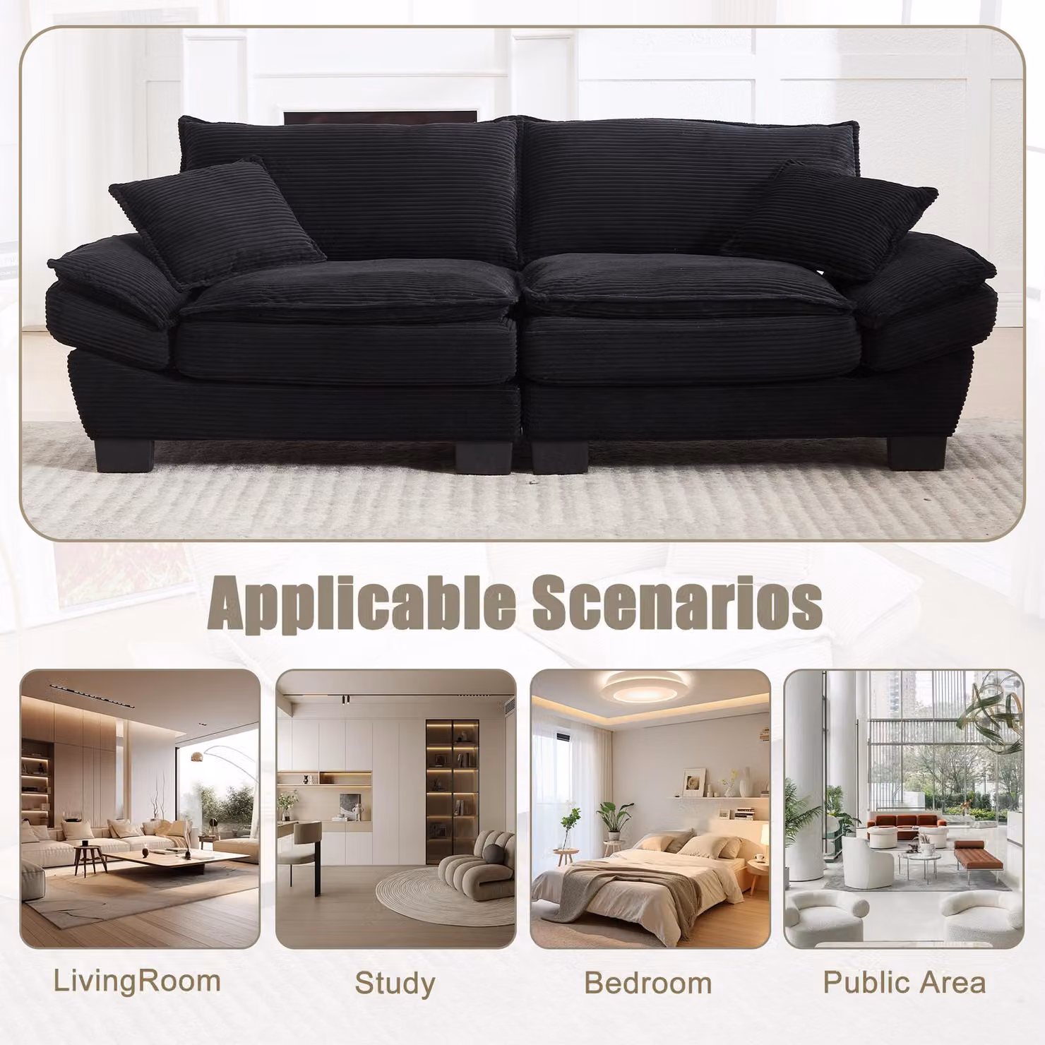 Aosom UK Oversized Two-Seater Sofa with Modern Deep-Seated Modular Design and Ergonomic Curves in Black, W: 224 cm, D: 81 cm, H: 81 cm – 3