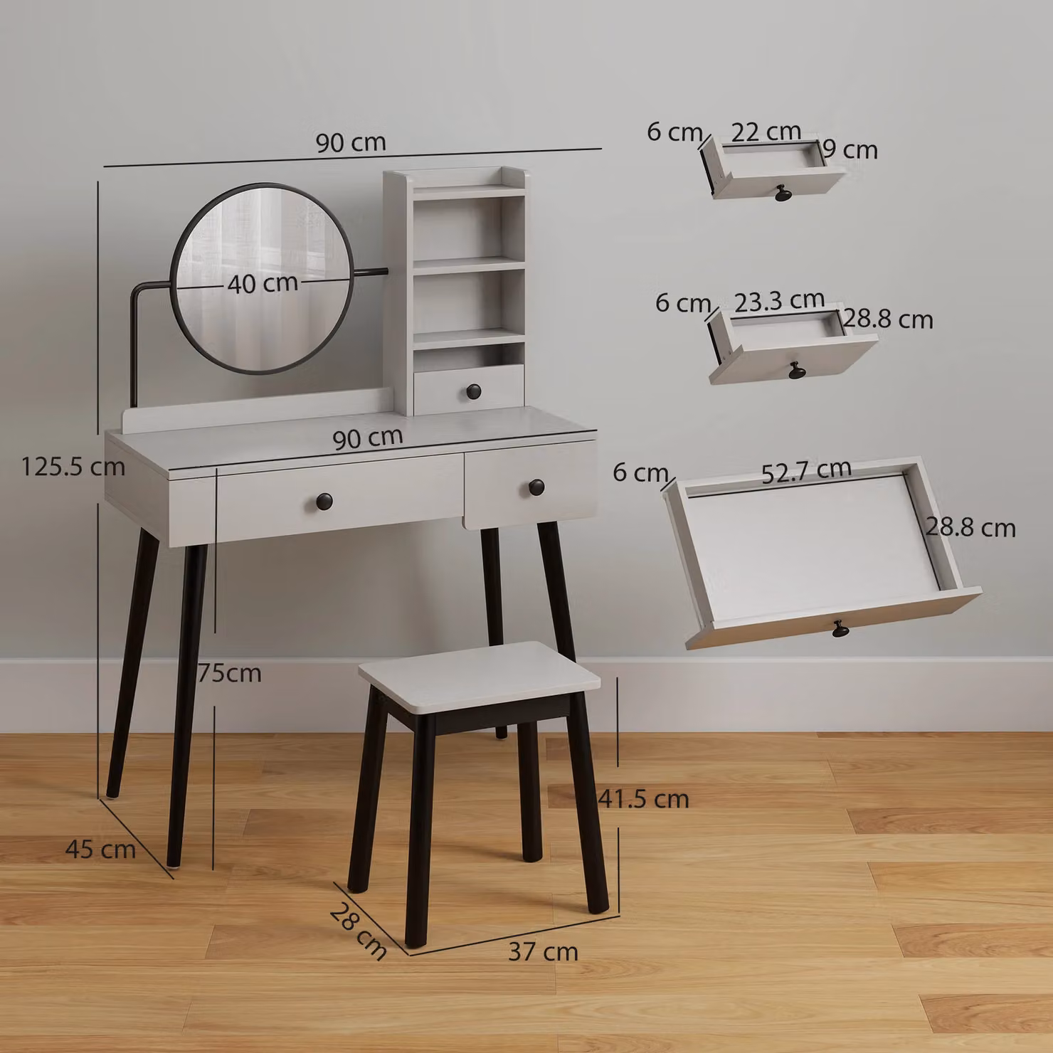 HOMCOM Modern Grey Dressing Table Set with Rectangular Mirror and Wood Finish – 3