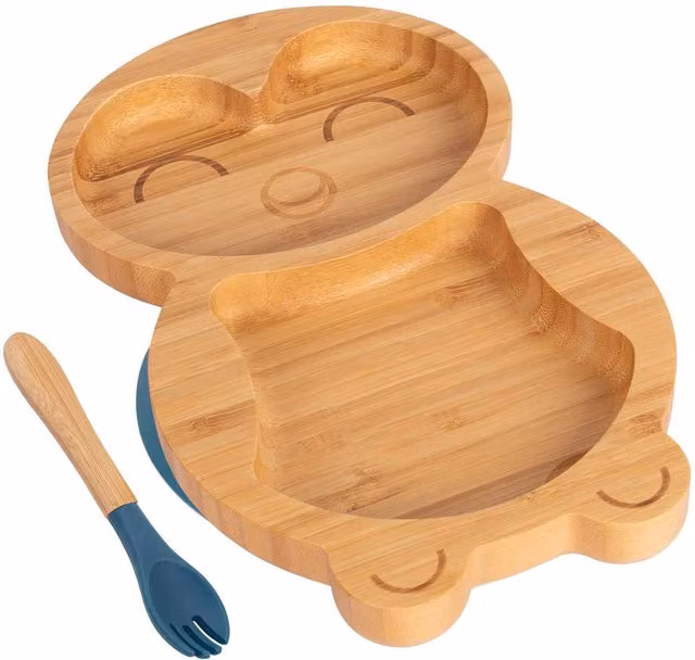 Tiny Dining Bamboo Penguin Baby Weaning Plate and Fork Set in Blue and Brown