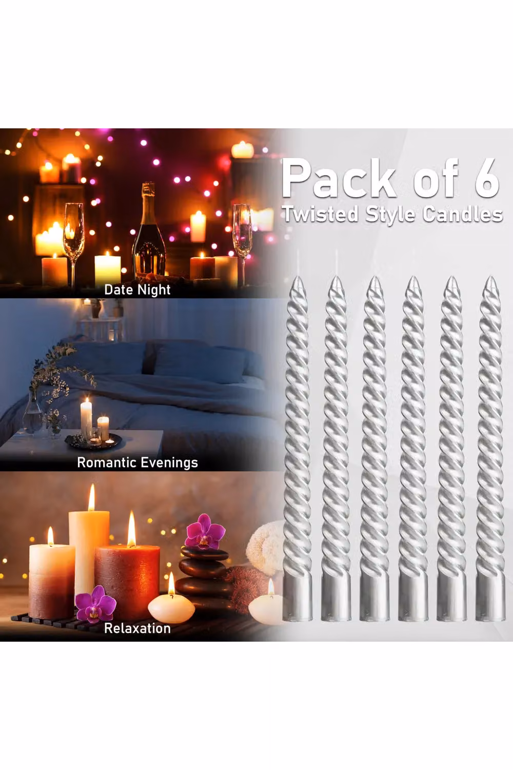 Deco Express Non-Drip Twisted Unscented Dinner Candles, Metallic Silver, Pack of 6 – 4