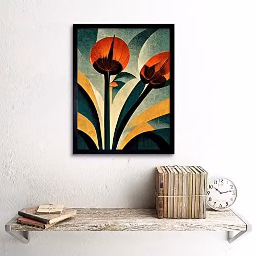 Wee Blue Coo Art Deco Floral Botanical Framed Art Print in Blue, Green, and Beige, W: 33.3 cm, H: 40.6 cm – 2