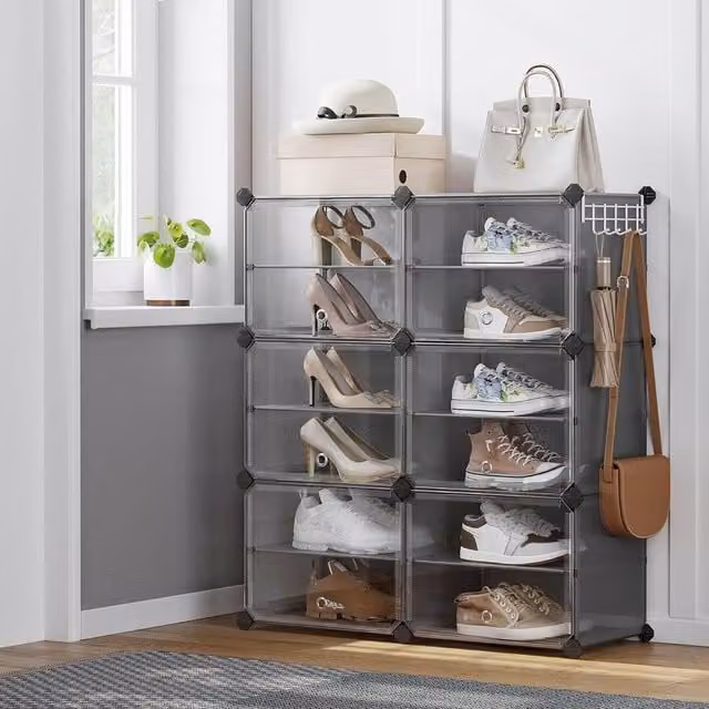 SONGMICS 6-Slot Modular Interlocking Shoe Storage Cabinet with Doors in Grey