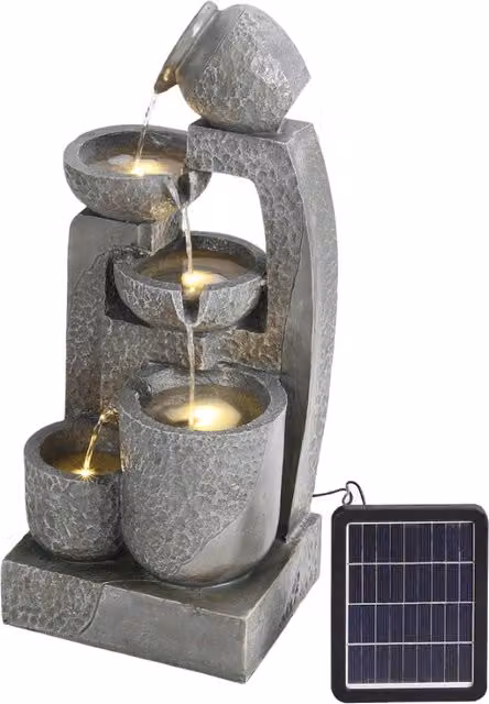 Darphe Jars and Bowls Tiered Solar Powered Water Feature Cascade in Grey Stone